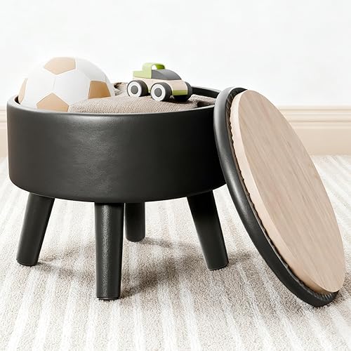Miniatura 17 de Taburete otomano pequeño con almacenamiento, reposapiés otomano de piel sintética suave para sofá, reposapiés redondo con almacenamiento, otomanas