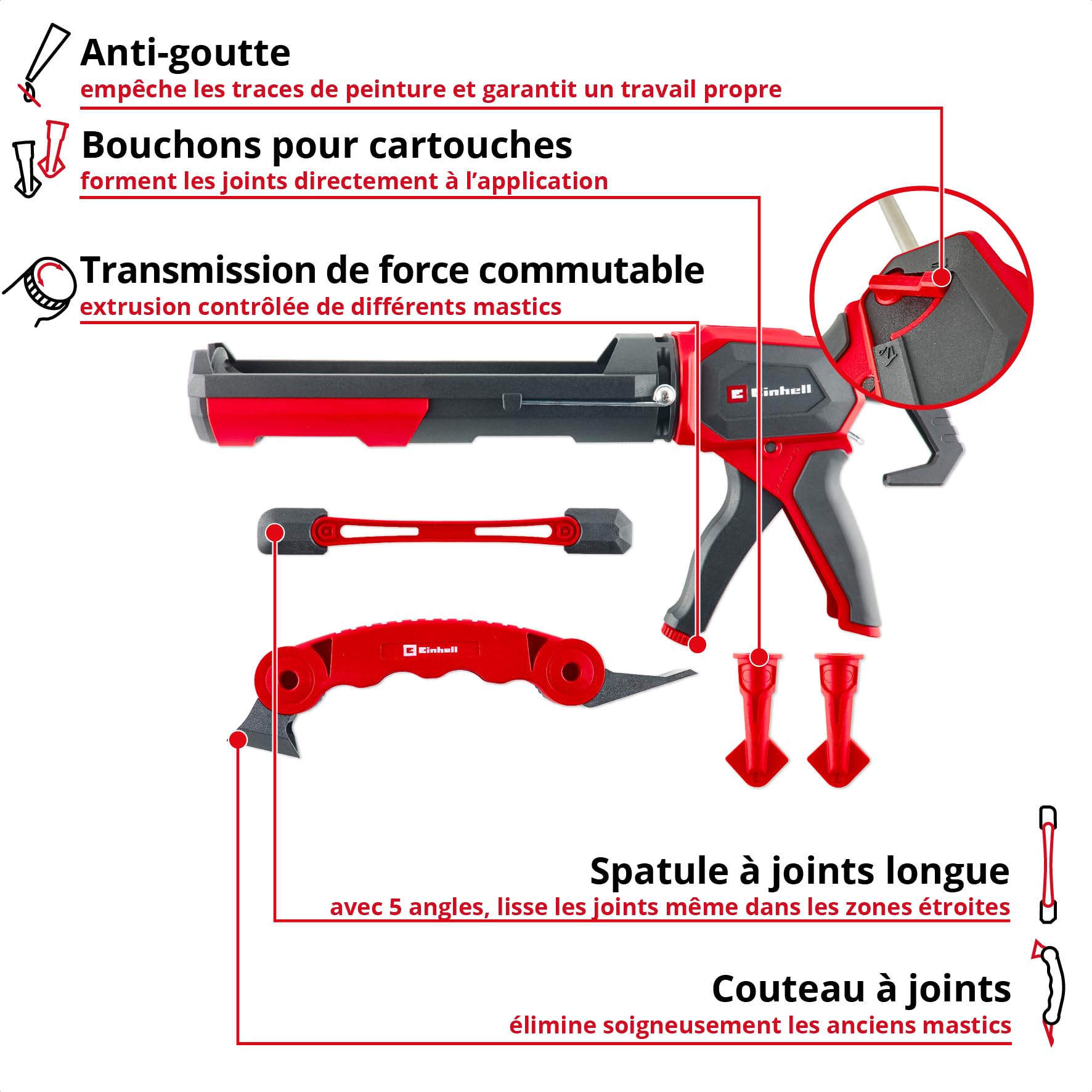 Einhell Kit pistolet à cartouche Profi, 5 pièces (rapport de force 1:12–1:24 commutable, stop goutte, outil à joints en nylon, spatule longue, 2 embouts avec angles R5/R10)