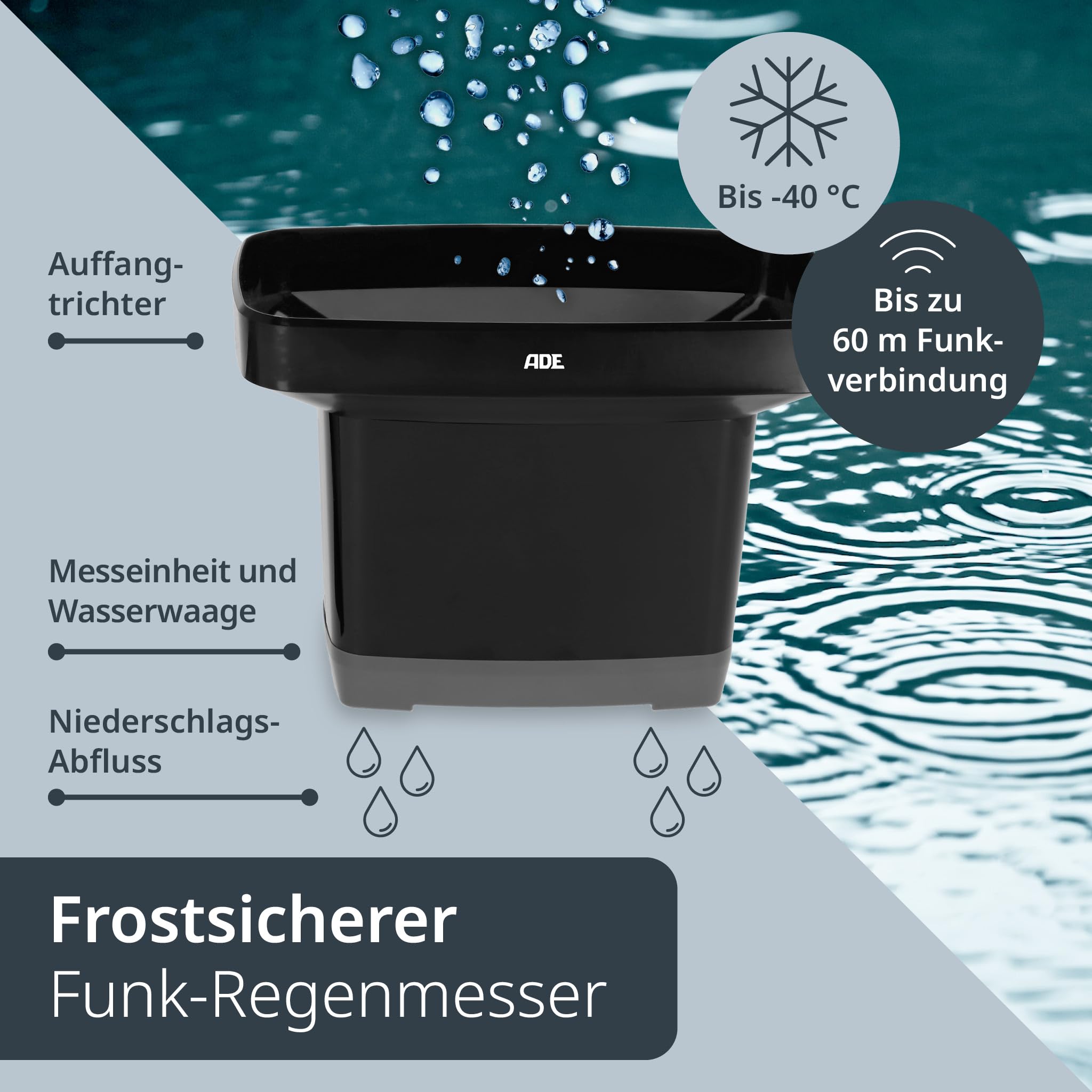ADE Digitaler Regenmesser frostsicher mit Wetterstation | Funk-Außenthermometer für den Garten | Innenthermometer | Funkwecker mit 2 Weckzeiten | mit Datumsanzeige | inkl. Batterien