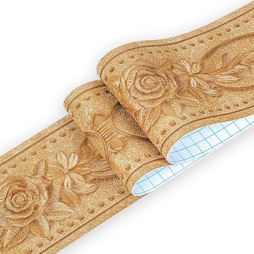 JZHOME 204 Borde de papel pintado despegar y pegar 3D decorativo moldeado floral 4.2''×16.4 pies Oro Rosa autoadhesivo para azulejos adhesivo de