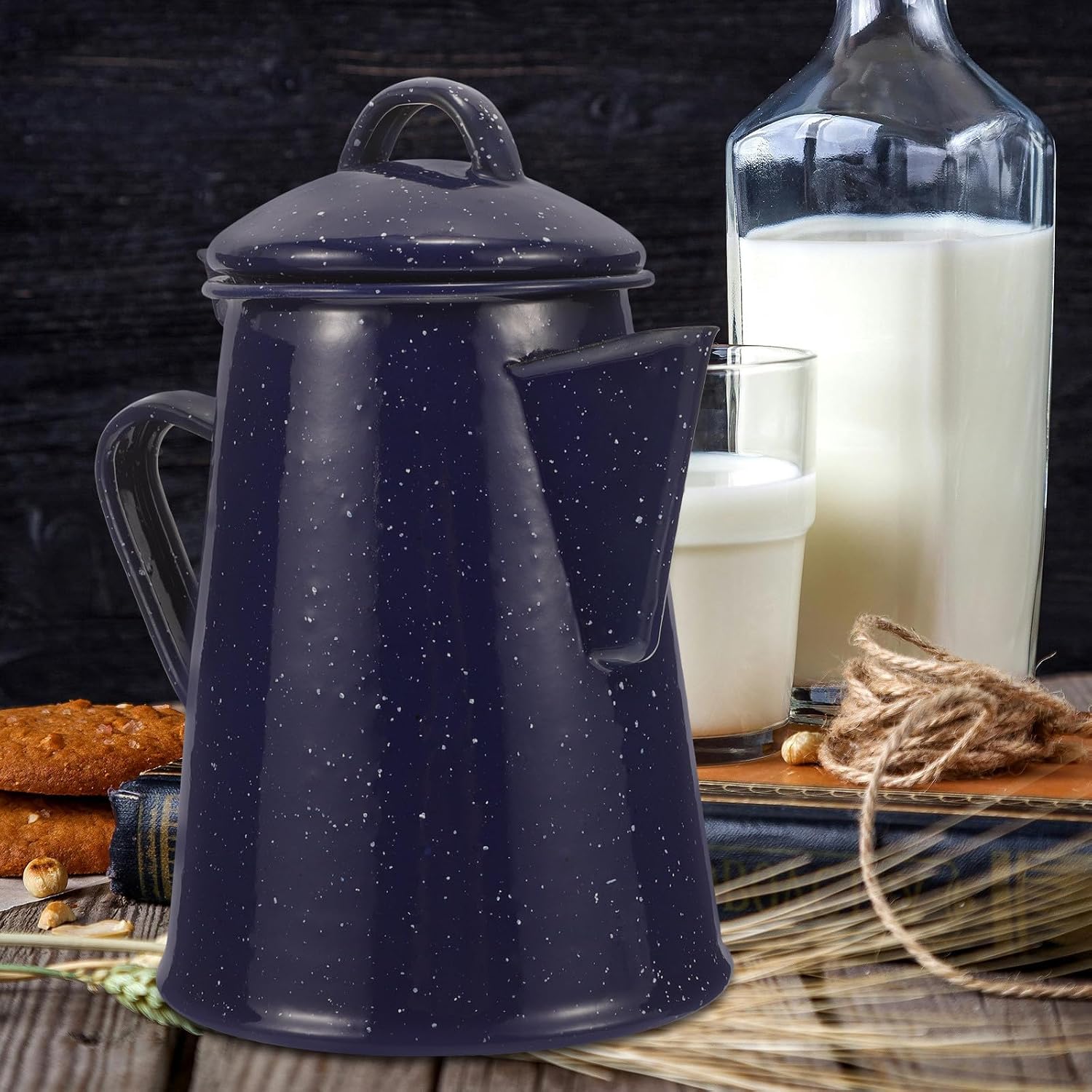 SAFIGLE Enamel Water Kettle Blue Speckled Coffee Pot with Anti-scald Handle and Pointed Spout for Household Camping Tea Brewing Safe Material for Kitchen and Office Use