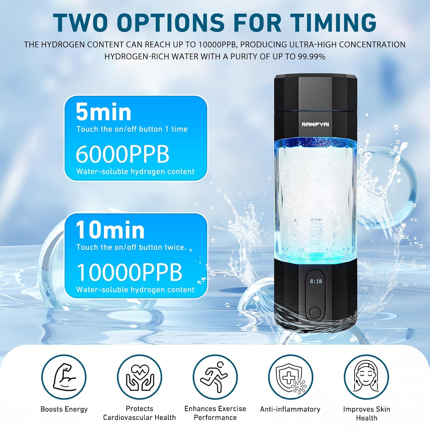 10000PPB Hydrogen Water Bottle Seven Colorful Light Double Anti-Slip and Leak-Proof Hydrogen Water Generator with Pressure Relief Valve (Black)