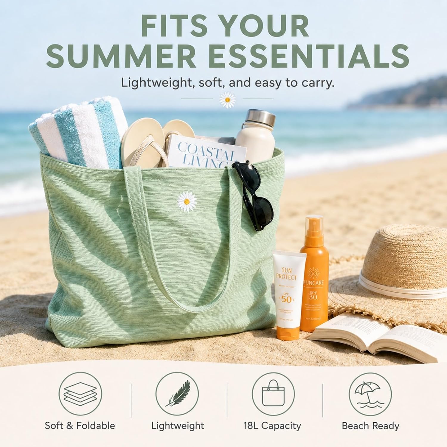 CYD Pool Bag for Women, Beach Tote Bag with Shoulder Strap, Soft Lightweight Summer Tote,Vacation, Beach Essentials