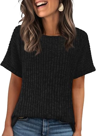 Bosmeer Womens Tops Business Casual Sweaters Short Sleeve Shirts Crew Neck Spring Summer Tops for Women 2025 Loose Fit
