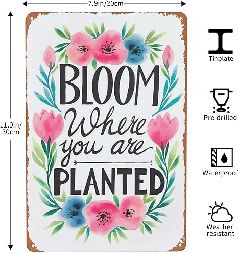 Miniatura 3 de Letrero de metal de inspiración de jardín, 8 x 12 pulgadas, "Bloom Where Planted", decoración rústica de pared para invernadero, porche y estética