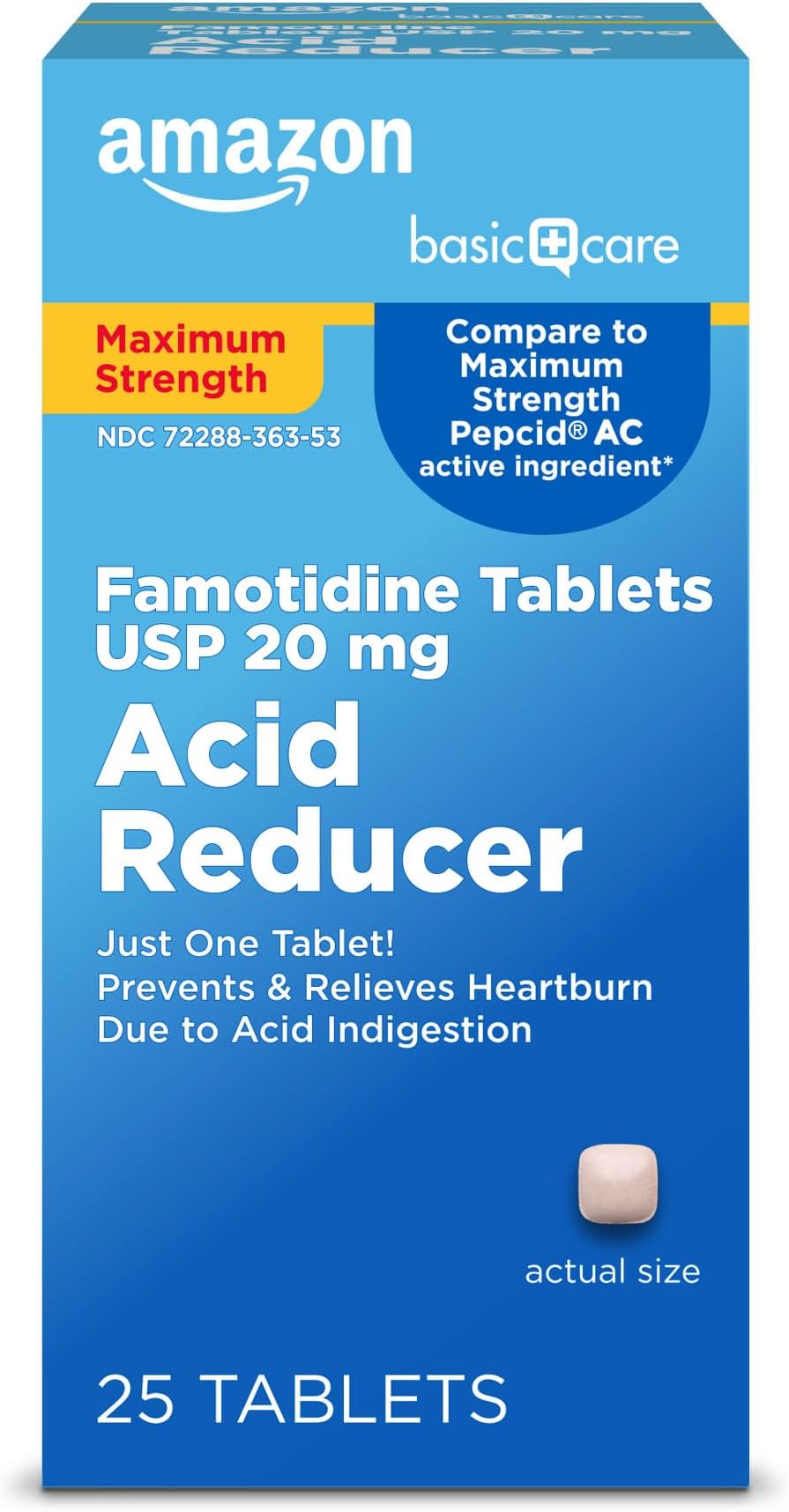 Amazon Basic Care Maximum Strength Famotidine Tablets 20 mg, Acid Reducer for Heartburn Relief, Heartburn Medicine, Acid Indigestion, Sour Stomach, 25 Count (Packaging may vary)