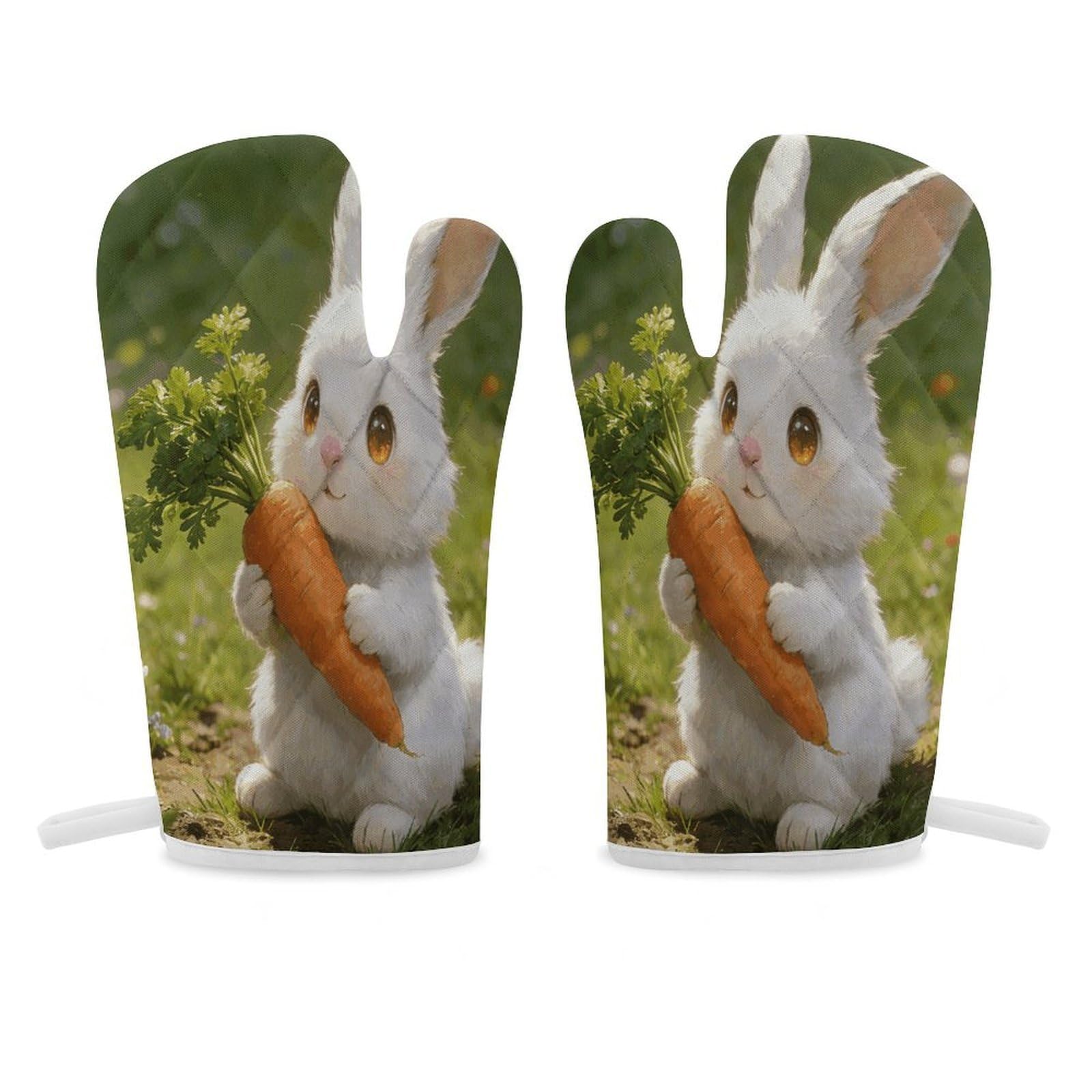 Bunny with Carrot Oven Mitt Heat Resistant Potholder Set,Durable Oven Gloves for Gifts,Glove Pot Holder for Cooking Baking Grilling BBQ