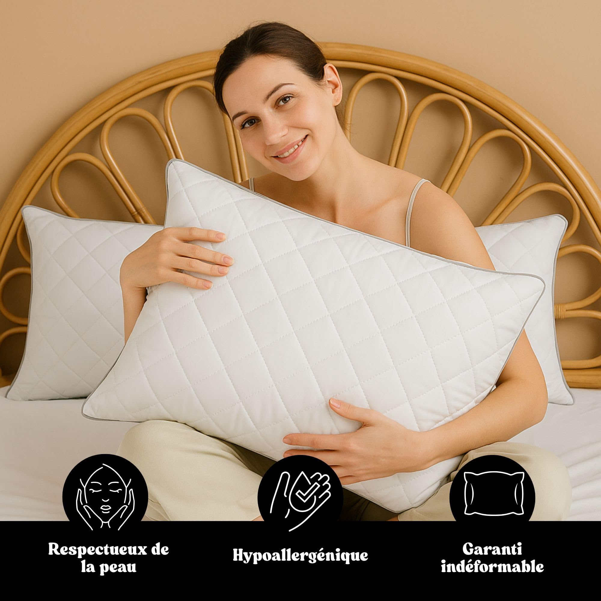DREAMWAY Oreiller 65x65 cm Lot de 2 Oreillers carrés | Qualité Hôtelière, Respirant et Hypoallergénique, Certifié Oeko-Tex, Indéformable, Adapté à Toutes Les positions de Sommeil