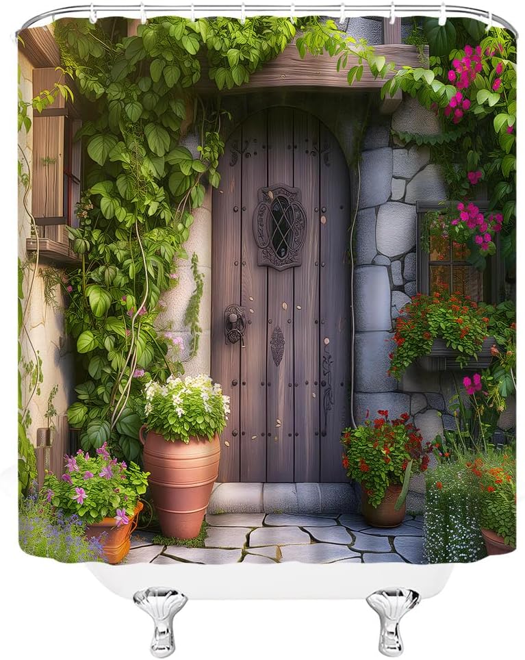 Italian Shower Curtain Rutsic European Farm Vintage Green Plants Floral Mediterranean Country Style Fabric Bathroom Decor Curtain with Hooks