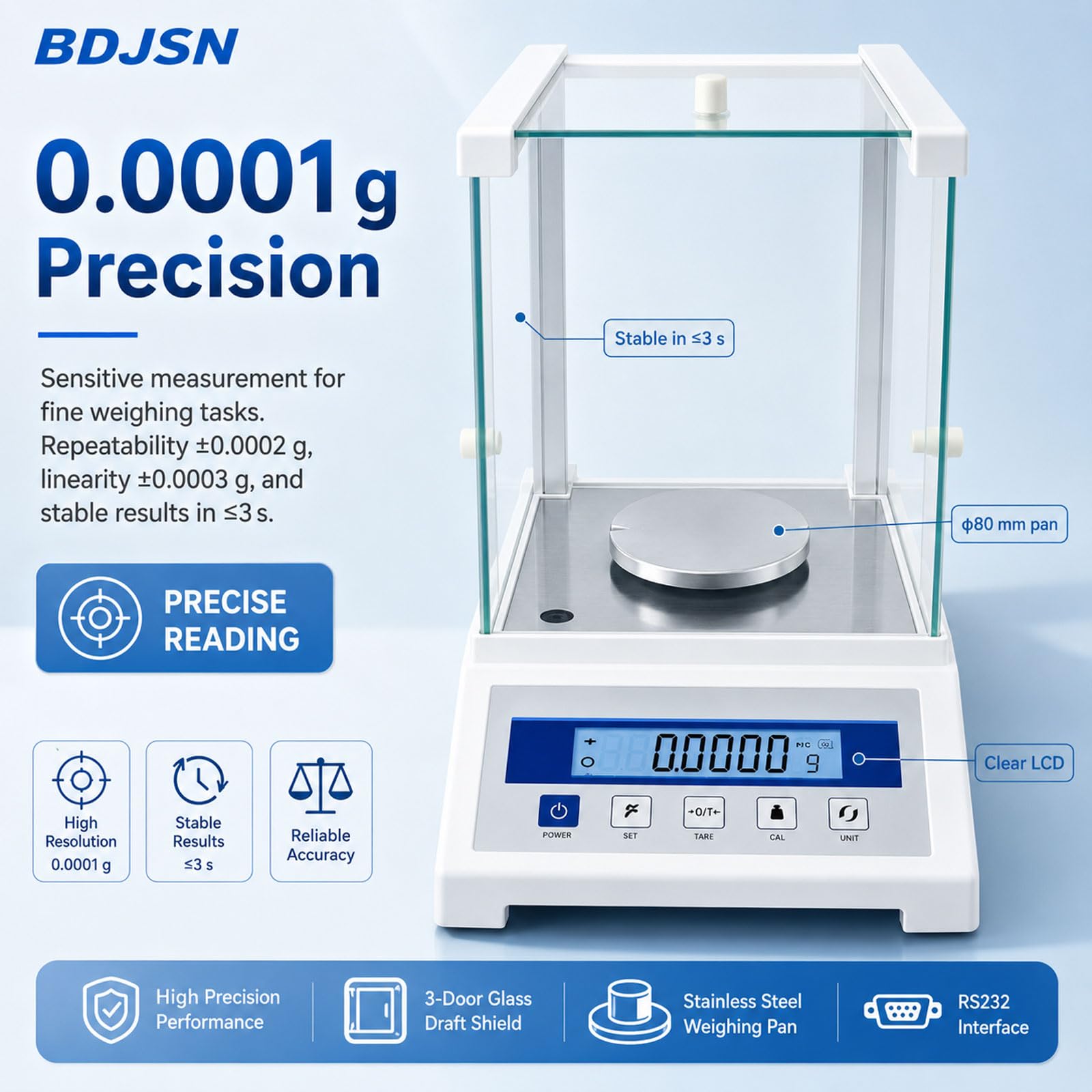 Balanza Analítica con Legibilidad 0,0001 G, Capacidad 100–220 G, Balanza De Laboratorio con Parabrisas De Vidrio De 3 Puertas, Pantalla LCD & Plato De Acero Inoxidable 100g