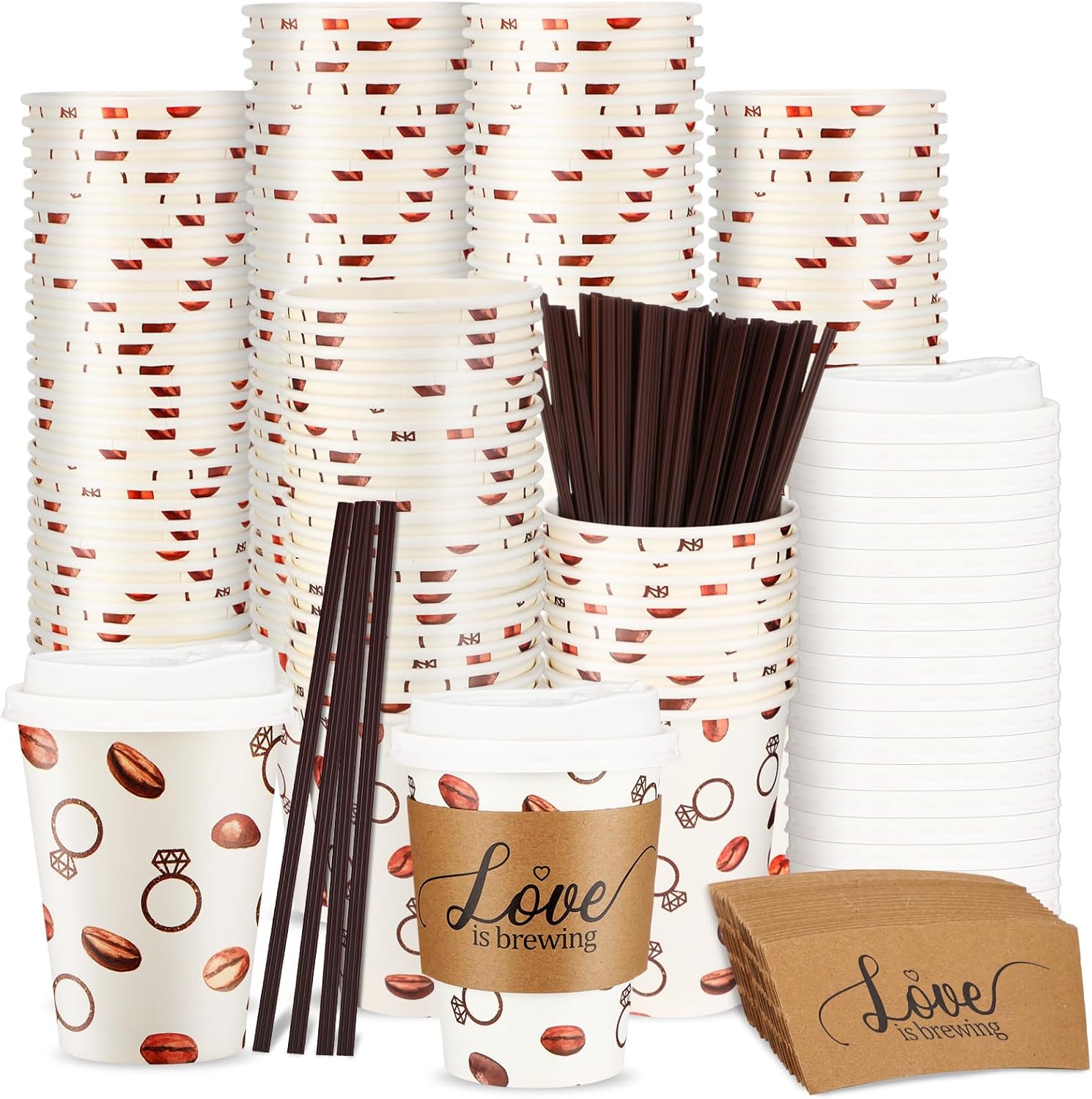 100 Pcs 12 oz Wedding Bridal Shower Coffee Cup Set Love Is Brewing Disposable Paper Coffee Cups with Sleeves and Stirrers for Bridal Shower Decorations Engagement Party Supplies(Black)