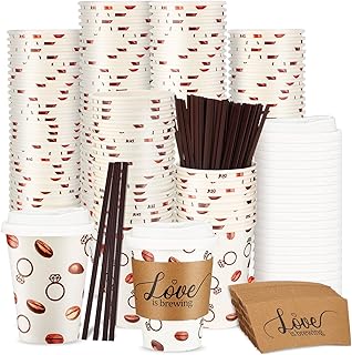 100 Pcs 12 oz Wedding Bridal Shower Coffee Cup Set Love Is Brewing Disposable Paper Coffee Cups with Sleeves and Stirrers for Bridal Shower Decorations Engagement Party Supplies(White)