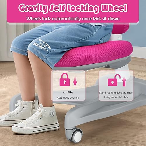 Miniatura 5 de Costzon Silla para niños, silla de estudiante de altura ajustable con ruedas de freno para sentarse, soporte lumbar, profundidad del asiento