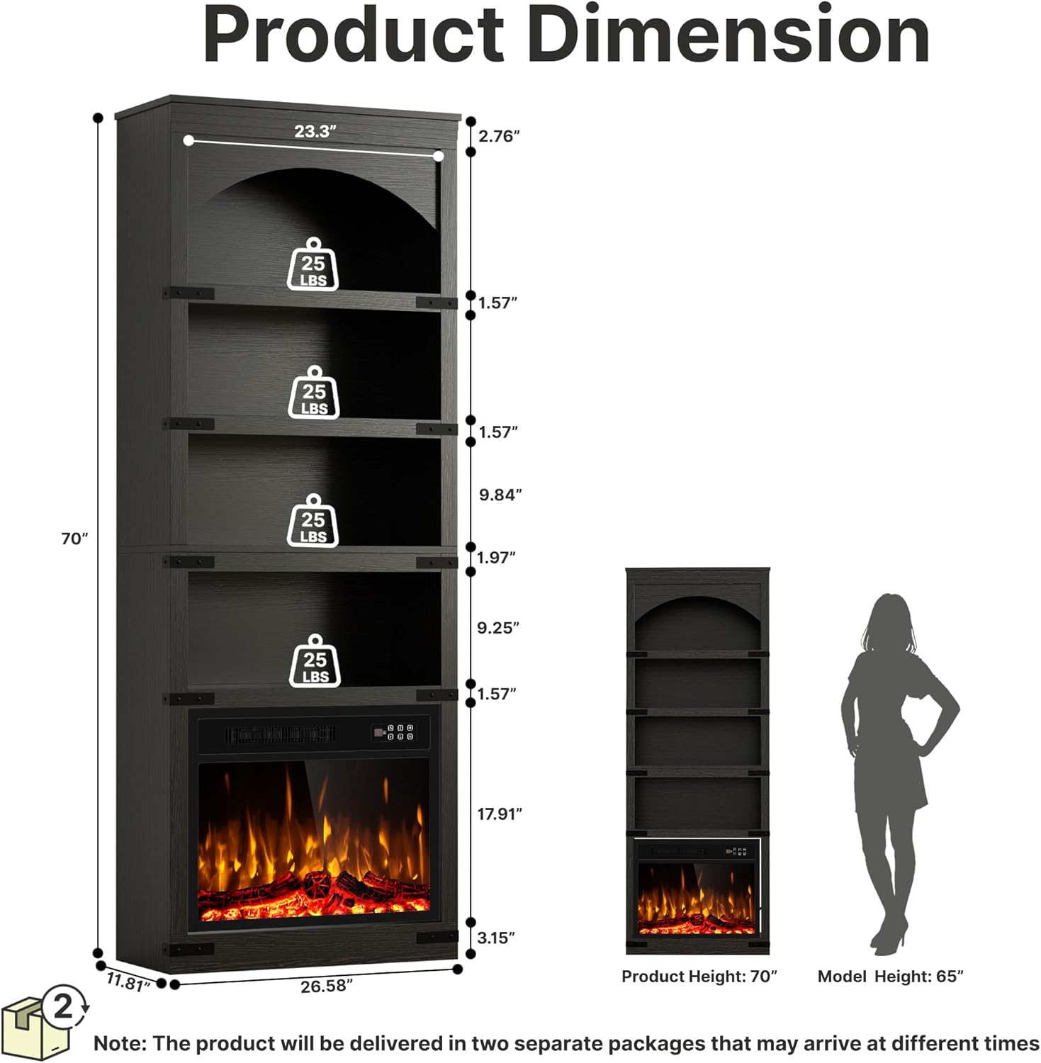 70” Arched Bookcase with 23" Electric Fireplace & LED Lights, 4-Tier Tall Bookshelf Open Storage, Modern Storage Organizer Display Cabinet for Living Room, Office, Home, Black