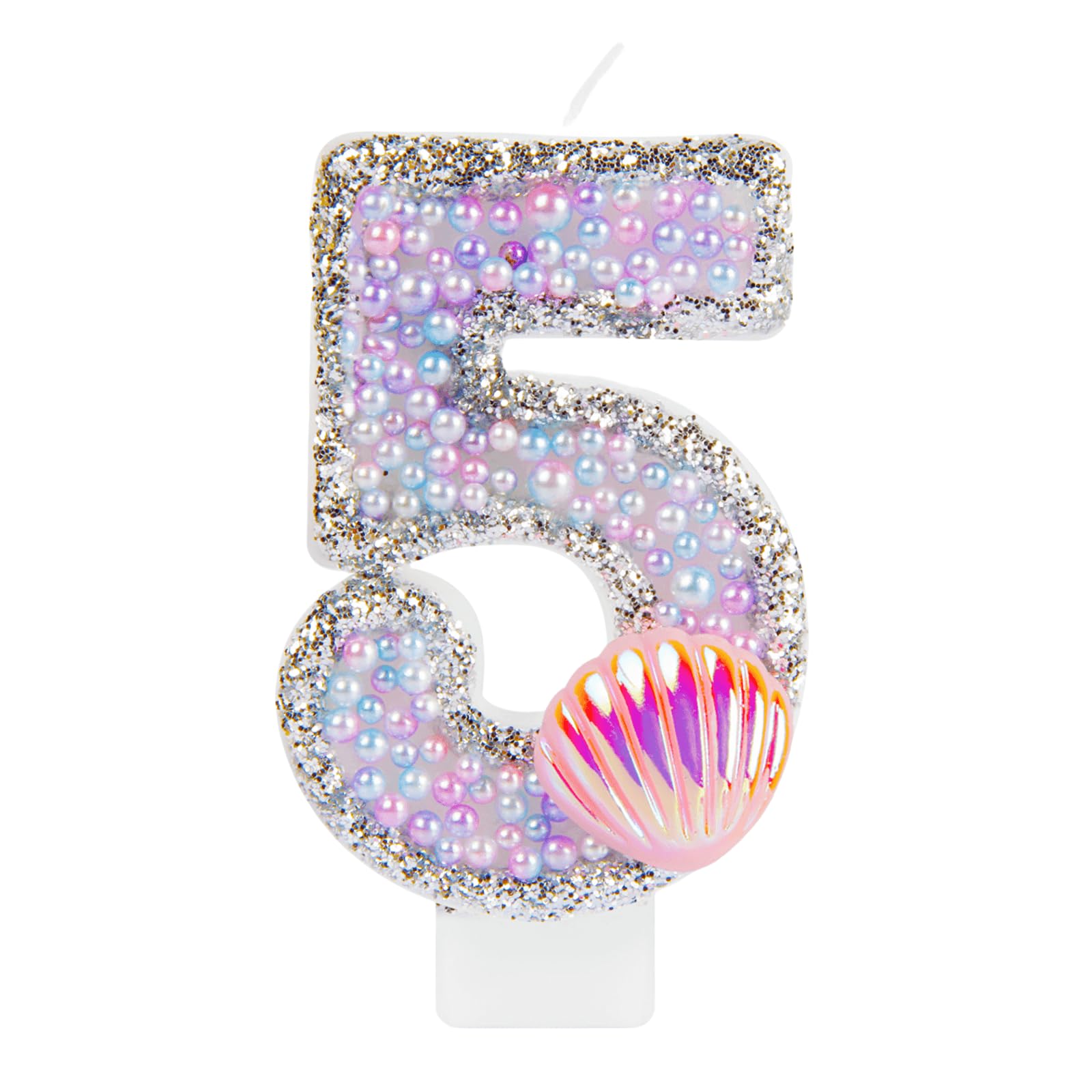 iNINGER Pink Birthday Number 5 Candle,Glitter Pink Purple Pearls Mermaid Tail Number Candles for Girls Women Birthday Cakes Mermaid Themed Decorations
