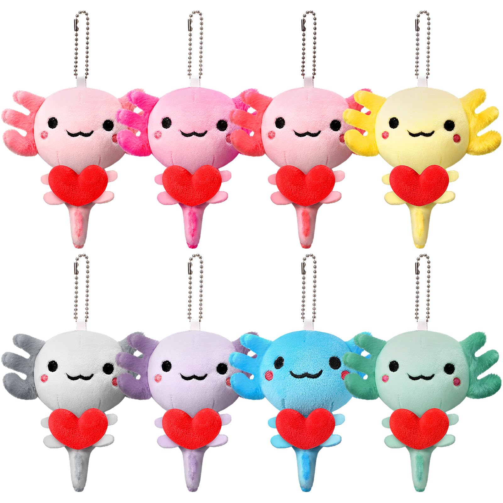 Poen 8 Pcs Valentines Day Mini Axolotl Plush Keychains Ornament with Heart 4 Inch Galentines Party Favors Stuffed