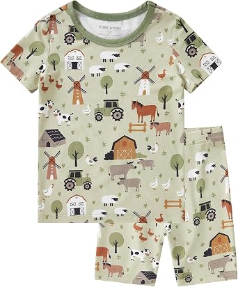 pureborn Baby Viscose from Bamboo Pajama Set Boys Sleepwear 12M-8Y | Short sleeve, cooling fabric, snug fit, buttery soft, gentle skin touch, stretch, breathable lightweight sleepwear