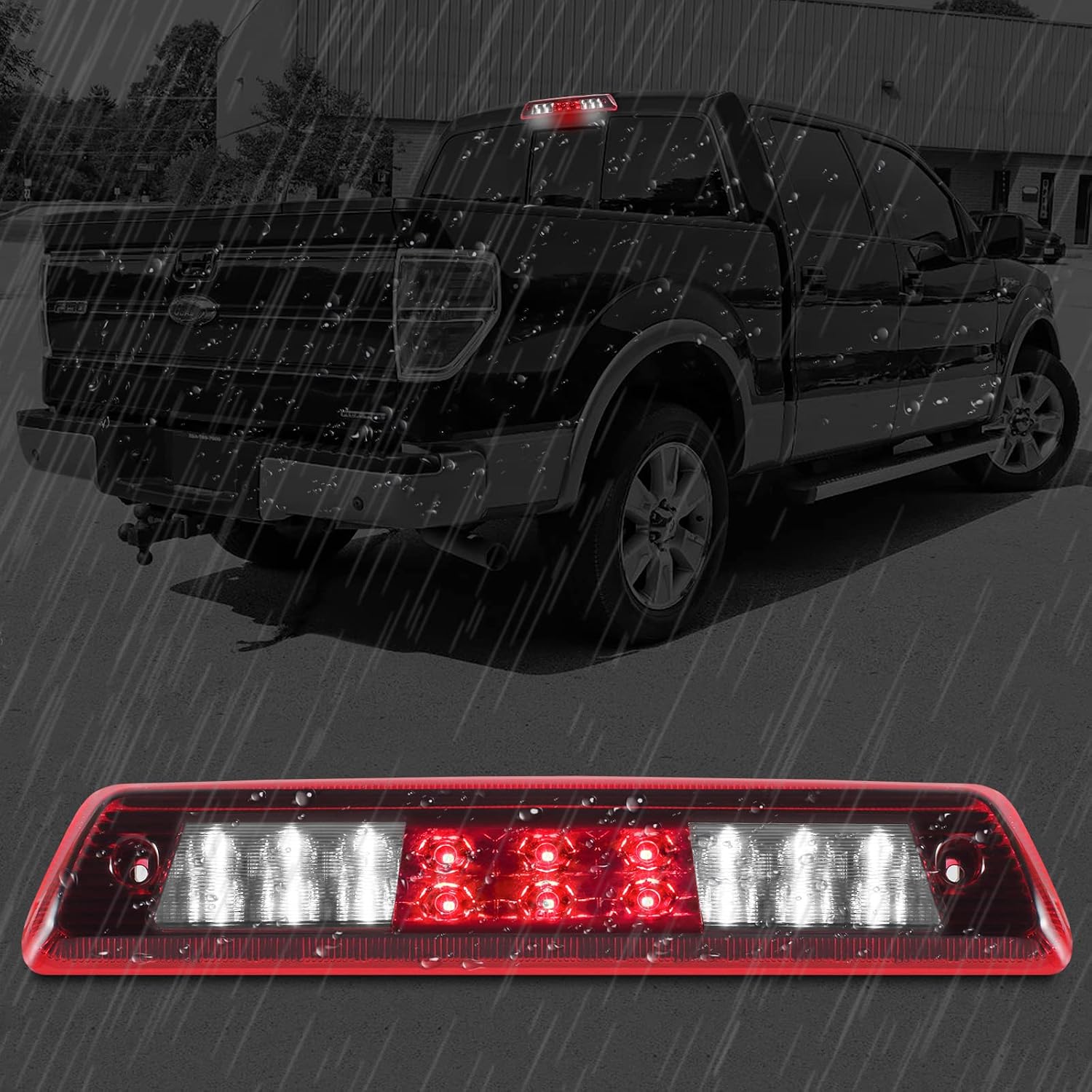 High Mount 3rd Stop Light Assemblies,Compatible with 2009-2014 Ford F150 Third Center Cargo Reverse Rear LED Brake Light Bar Taillight Two Rows (Red)