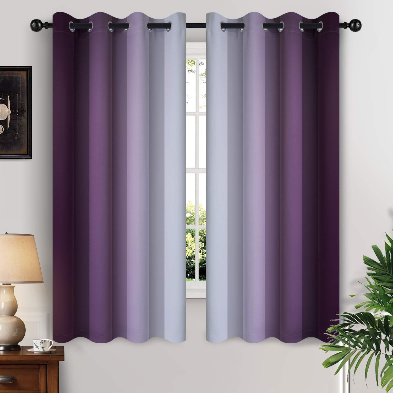 Yakamok Purple and Greyish White Ombre Curtains, Room Darkening Gradient Color Curtain for Bedroom, Light Blocking Thermal Insulated Window Drapes for Living Room(52x63 Inch, 2 Panels) โ image 1
