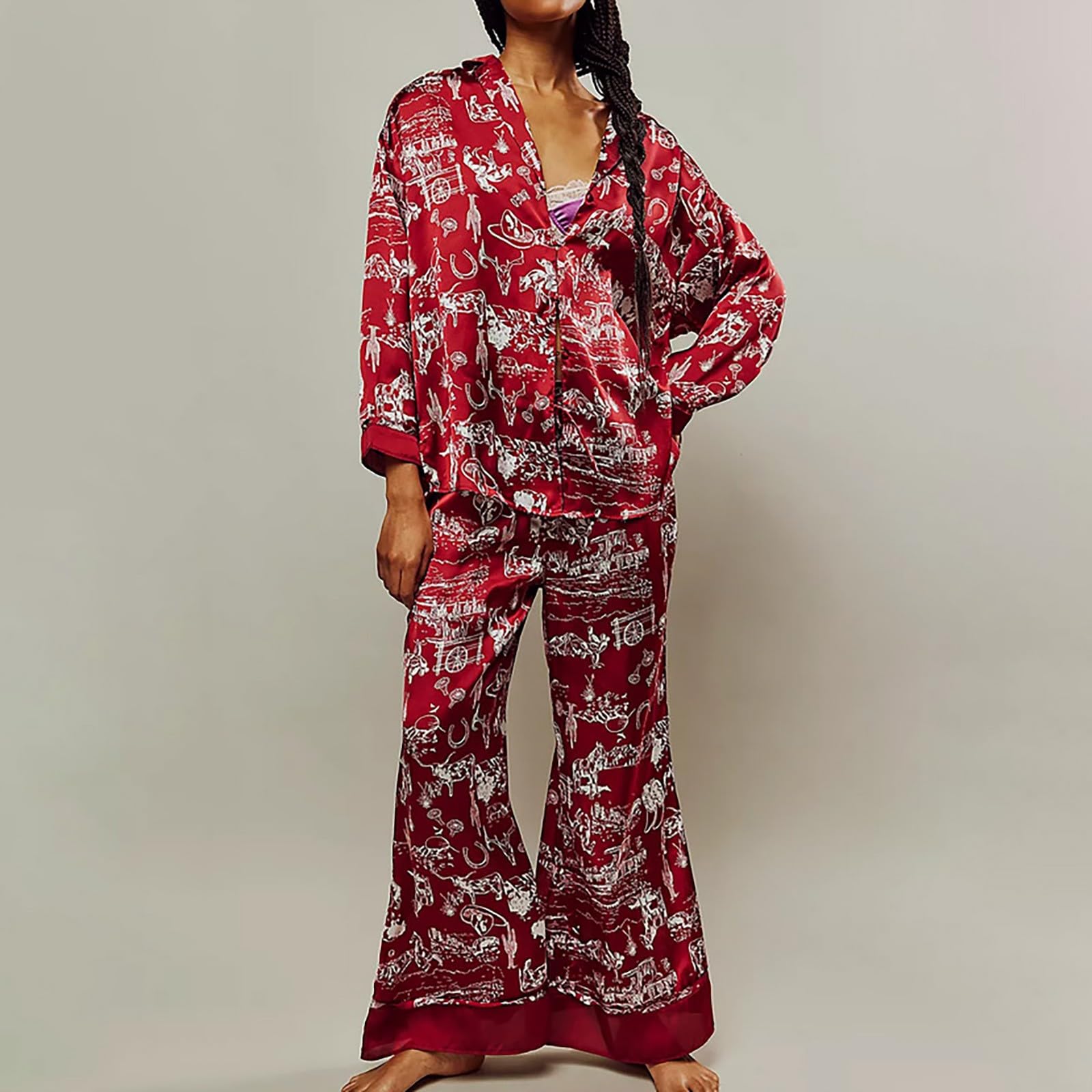 Generisch Pijama de seda de satén para mujer, conjunto largo con botones, conjunto de pijama de moda, ropa de dormir ligera y delgada, ropa para el hogar, ropa de dormir de moda, estampado floral