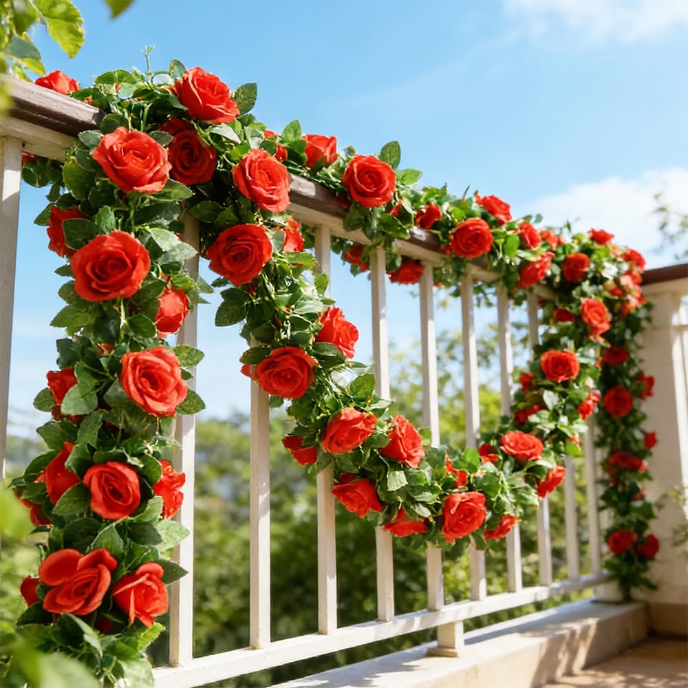 SzJias Blumengirlande Künstliche Rose Blumengirlande Blumenranke mit Blumen Girlande Dekorationen Floral Decor (5, Rot)