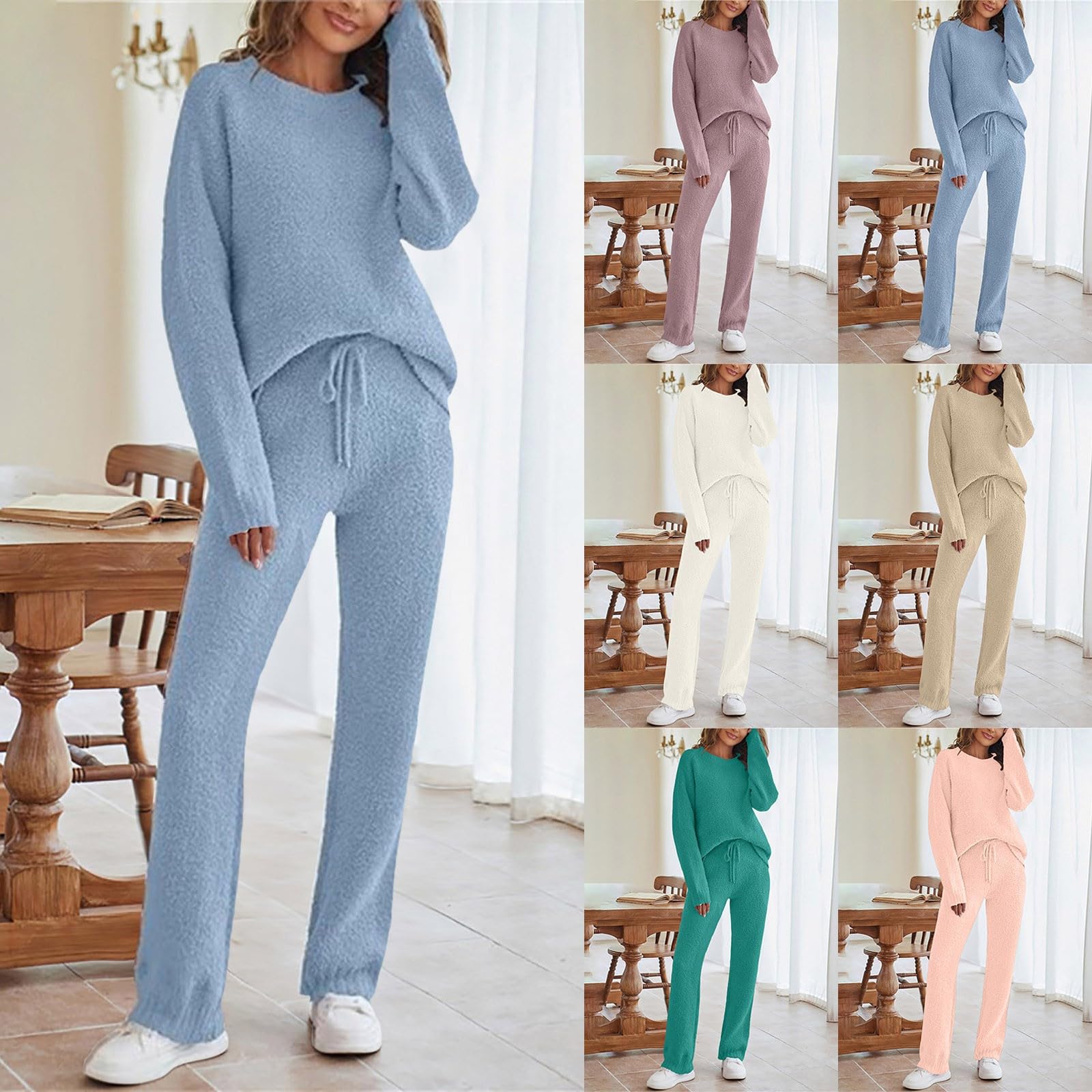 Pigiama lungo da donna, morbido e caldo, set di biancheria da notte in pile, 2 pezzi, maglioni e pantaloni di peluche con coulisse, tinta unita, per il tempo libero, comodo locker