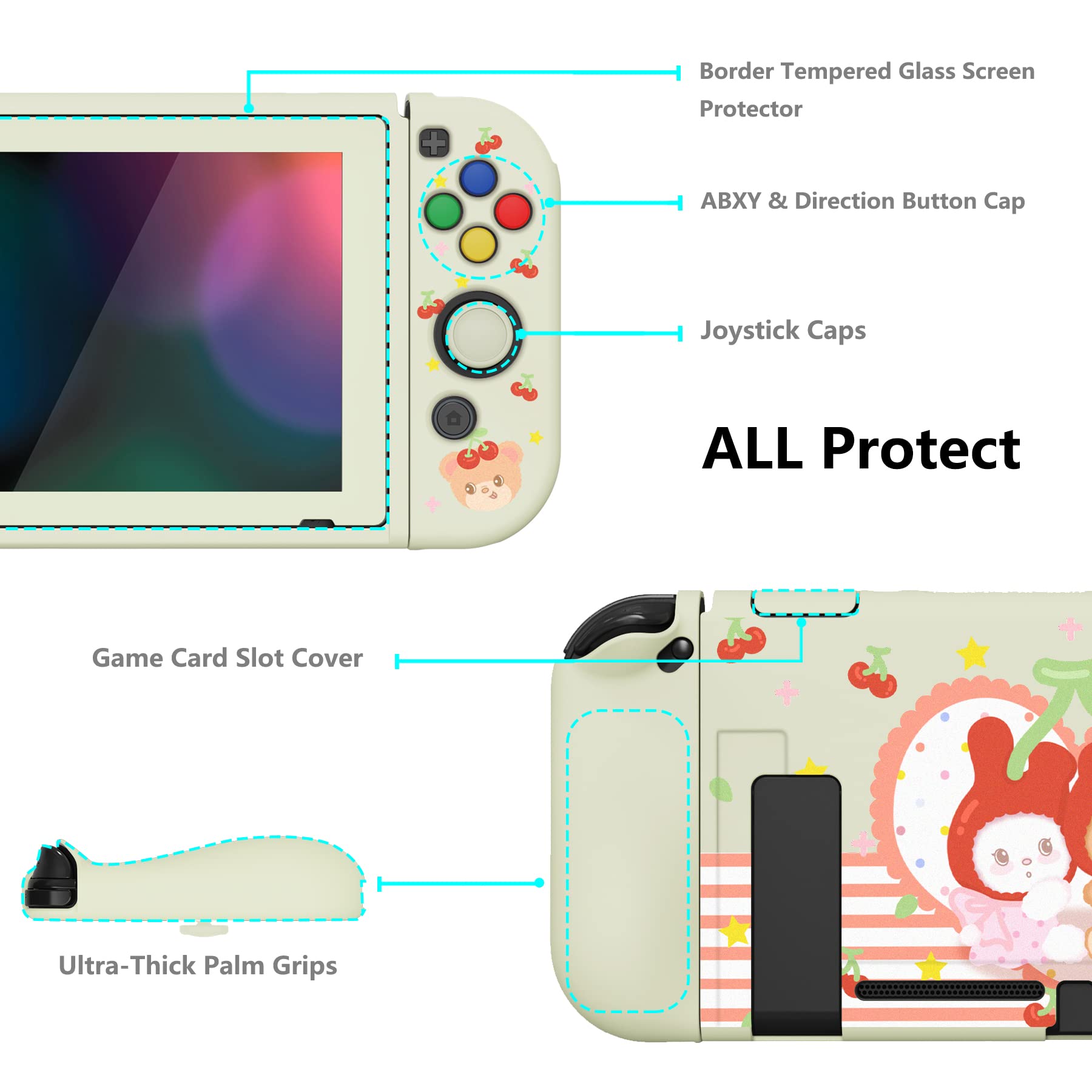 playvital ZealProtect Soft Protective Case for Nintendo Switch, Flexible Cover Protector for Switch with Screen Protector & Thumb Grip Caps & ABXY Direction Button Caps - Cherry Bunny & Cherry Bear - 5