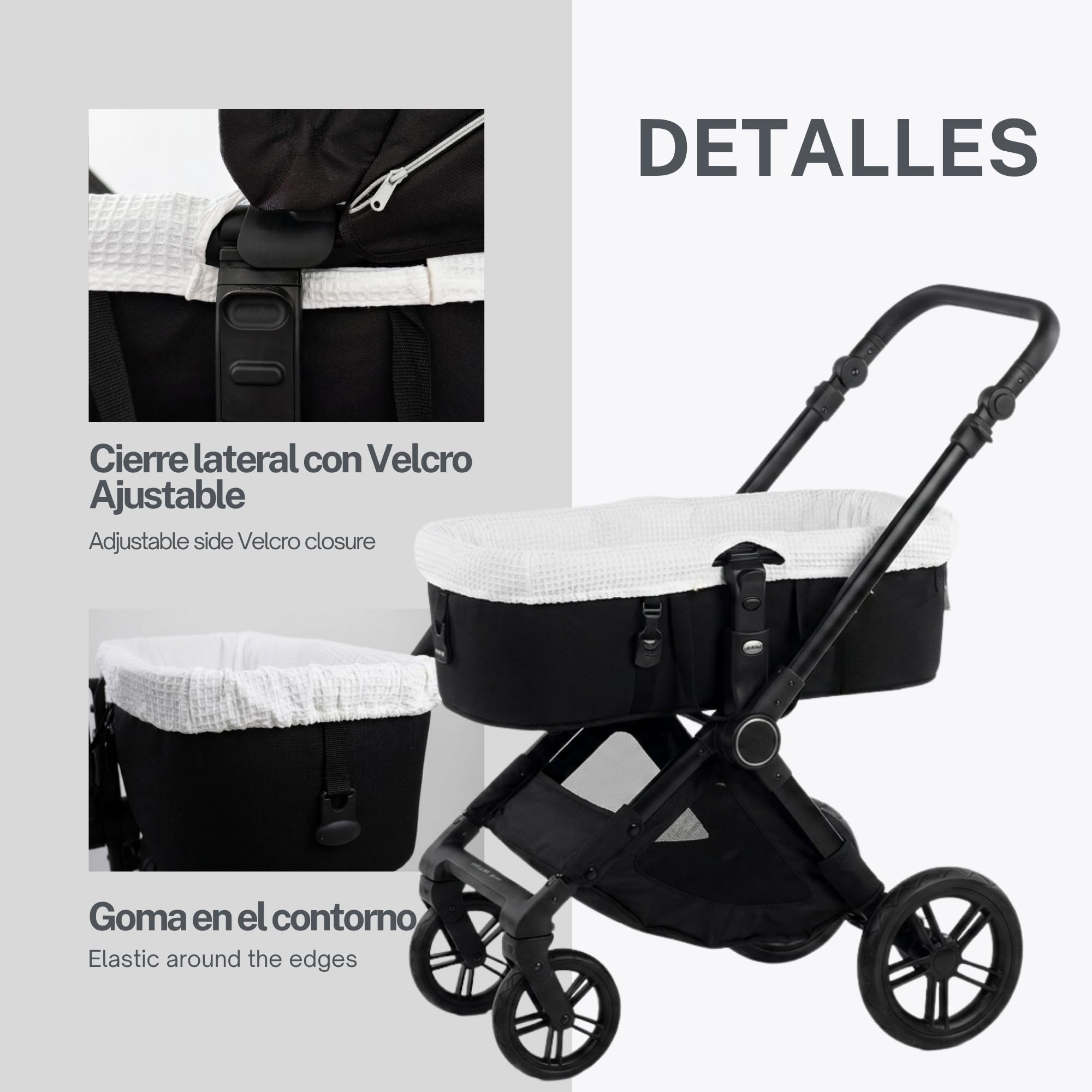 Thermikoa Housse de nacelle universelle pour bébé piqué gaufré en coton respirant Housse intérieure effet nacelle Nouveaux murs plus propres et accueillants, ajustement adaptable lavable