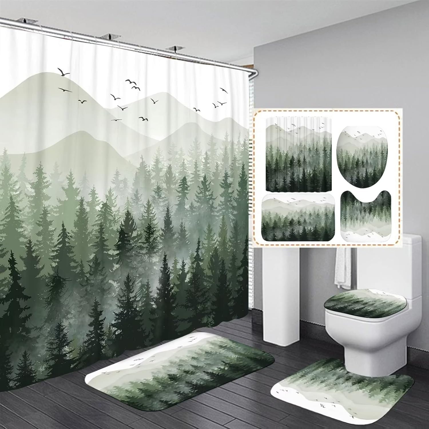 DDQQ 4Pcs Green Misty Forest Shower Curtain Sets with 12