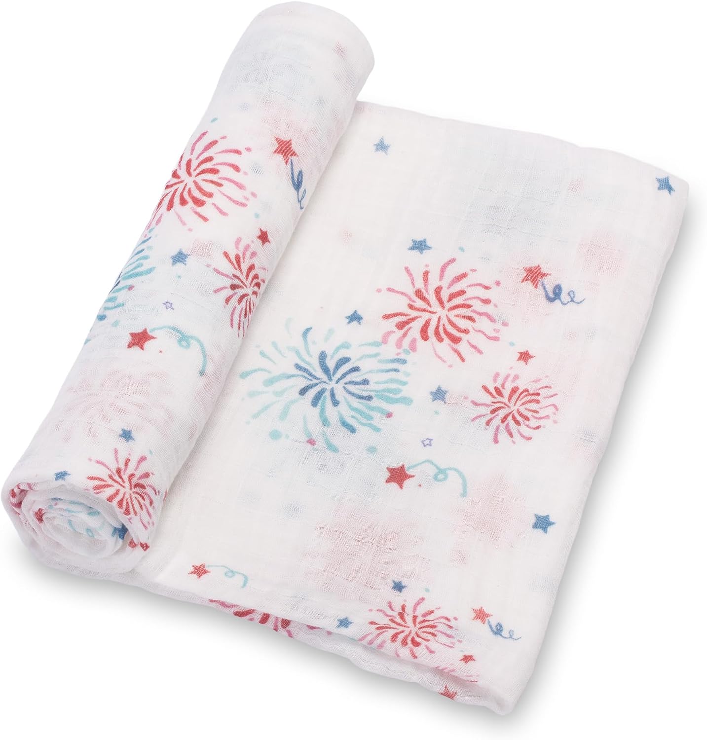 LollyBanks Swaddle Blanket 100% Cotton, 4th of July Muslin Swaddle Blankets Lightweight, Soft Baby Swaddle Blanket 47 x 47 inches, Baby Essentials, Registry and Gift (Fireworks Print)