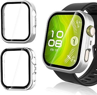 Huawei Watch Fit 4 Pro 対応 カバー+フィルム 2枚セット Huawei Watch Fit 4 Pro 対応 一体型 フルカバー ガラスフィルム PCフレーム 軽量 薄型 擦り傷防止 全面保護ケース (クリア+シルバー)