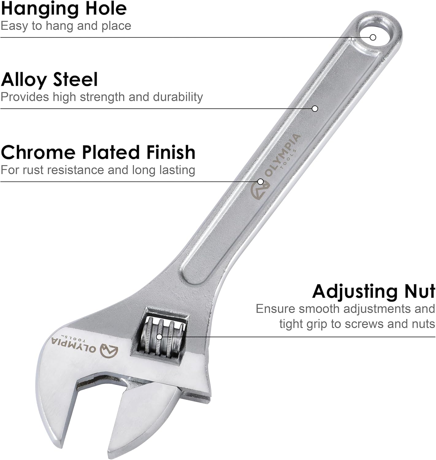 Olympia Tools 15" Adjustable Wrench, Heavy Duty Drop Forged Steel, Chrome Plated, Precision Machined Jaws, Rust Resistant