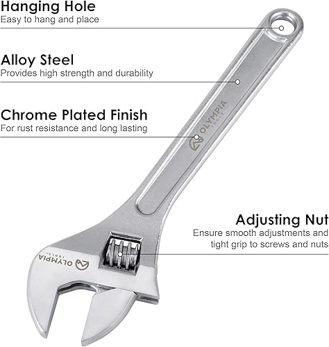 Vista 4 de Olympia Tools Llave ajustable de 15 pulgadas, acero forjado de alta resistencia, cromado, mandíbulas mecanizadas de precisión, resistente a