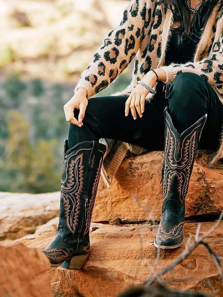 UniqueStride Women's Knee High Cowgirl Boots Western Cowboy Embroidery Chunky Heel Side Zipper Snip Toe Riding Biker Motorcycle Wide Calf Tall Boot(Black, US size 8)