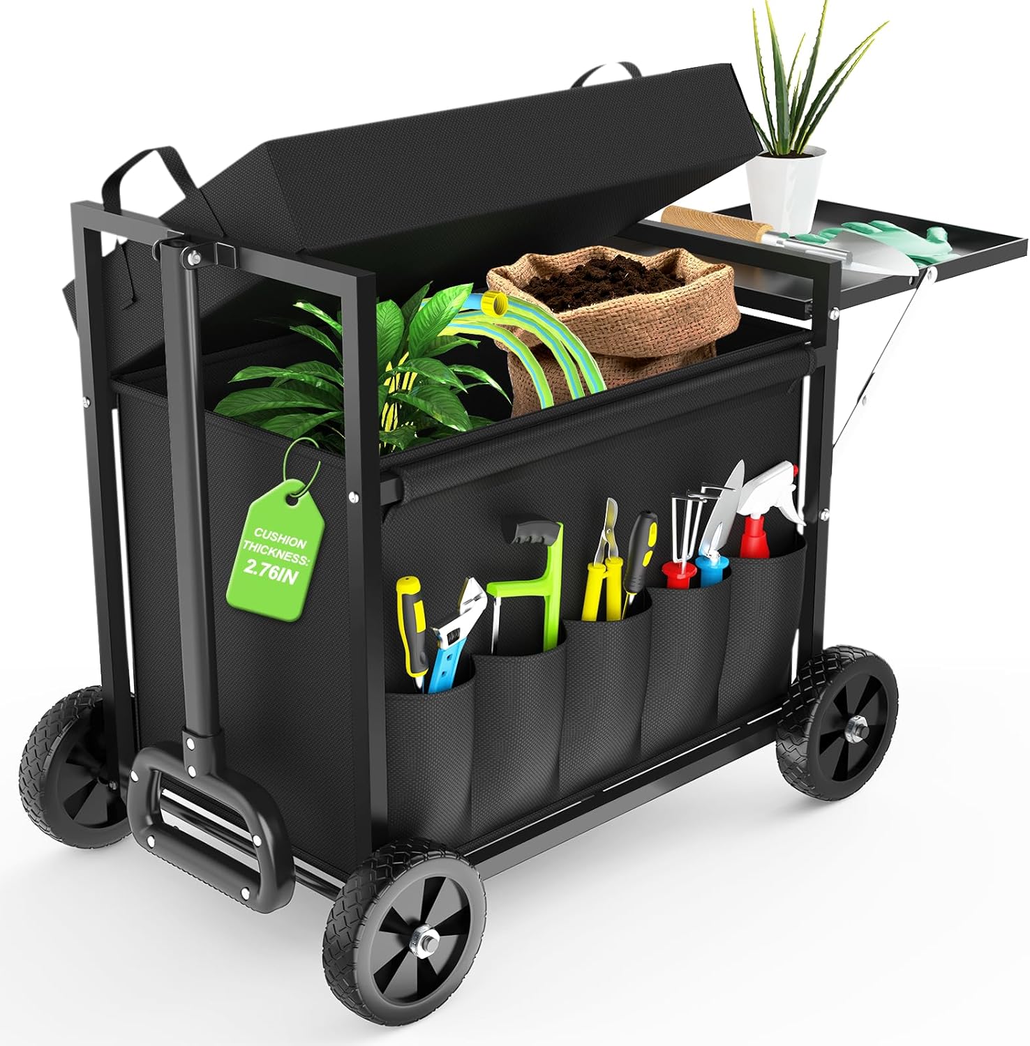 Garden Seat with Wheels, Garden Cart with Seat, 400 lbs Garden Rolling Stools with Wheels for Seniors, Rolling Utility Cart with Large Storage, Foldable Side Trays, for Patio, Lawn, Backyard Gardening