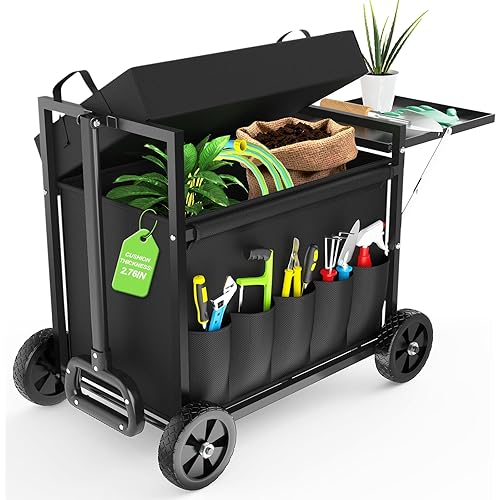 Garden Seat with Wheels, Garden Cart with Seat, 400 lbs Garden Rolling Stools with Wheels for Seniors, Rolling Utility Cart with Large Storage, Foldable Side Trays, for Patio, Lawn, Backyard Gardening