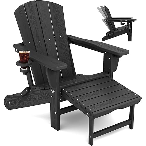KINGYES Folding Adjustable Adirondack Chair with Retractable Ottoman, HDPE All Weather Chair with Cup Holder, Wood-Like Reclining Adirondack Chair - Versatile Adirondack Chair, Black