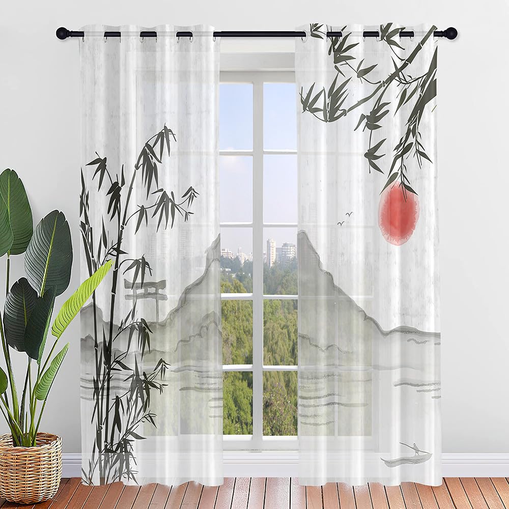 Mateju Rideau Voilage Blanc，Voilage Fenetre 3D Motif Botanique，Rideau Salon Moderne Lot de 2 Semi-Transparent Intérieurs Décoration，pour Cuisine、Chambre (Paysage,140 x 275 cm)