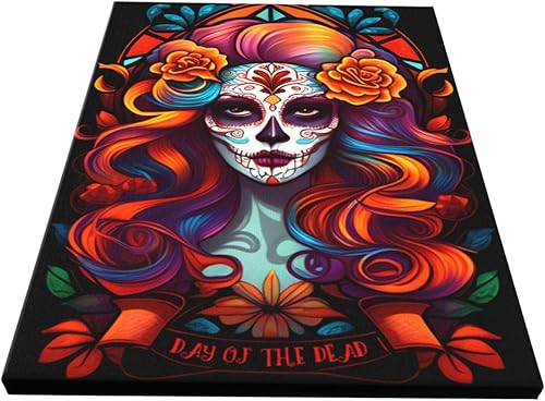 Miniatura 2 de WEASYYDS Lienzo decorativo para pared, diseño de calavera de azúcar con vitrales naranjas, decoraciones espeluznantes de Halloween, regalo de obras
