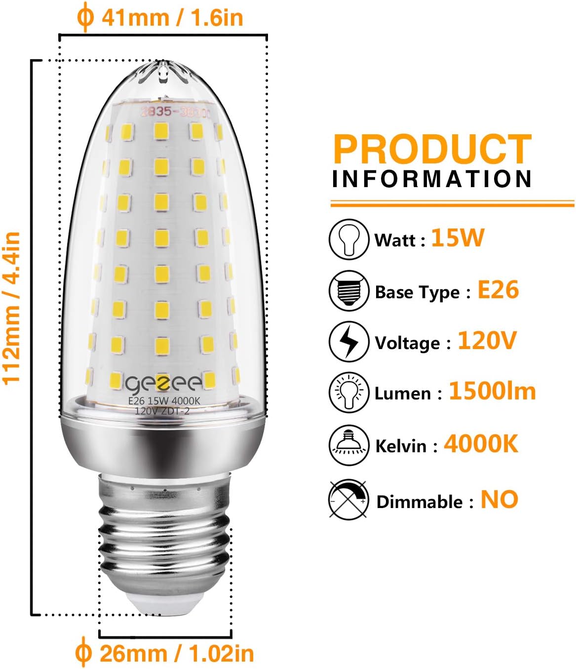 gezee 15W LEDLight Bulb, 150 Watt Equivalent, E26 LED Lamp 1500 Lumens 4000K Neutral White, Non-Dimmable(4-Pack)