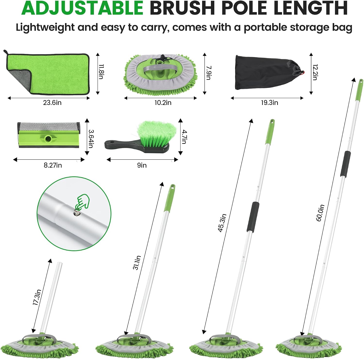 Car Wash Brush with Long Handle, 62'' Car Wash Mop, 7Pcs Chenille Microfiber Cars Washing Kit with Window Squeegee/Microfiber Towels /Wheel Brush for Cars RV Truck Boat Floor Window, Green