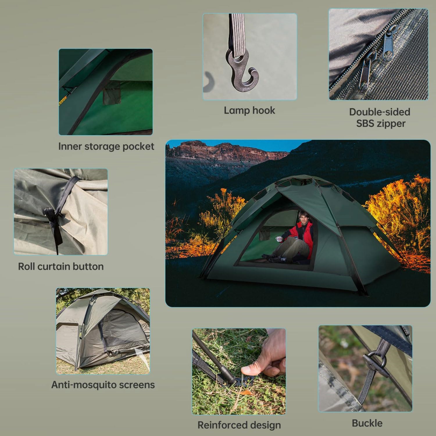 Camping Zelt mit Tragetasche Leichtes Pop Up Wurfzelt 3-4 Personen Kuppelzelt Trekking Festival Igluzelt Sekundenzelt Wasserdicht Wind Sonnenschutz für Familien Camping