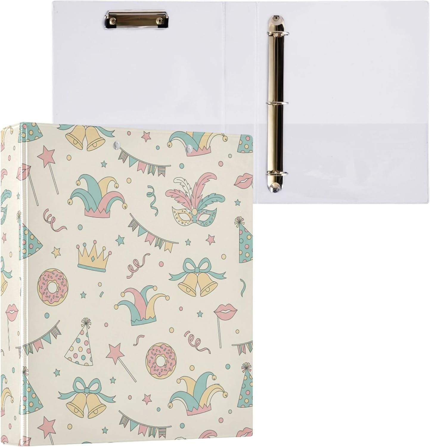 Mardi Gras Colorful Mask 3 Ring Binders, 1.5” Round Ring Binders with Clipboard - Letter Size, 3 Interior PVC Clear Pockets & Anti-Slip Clip for Office School Supplies, 2PCS