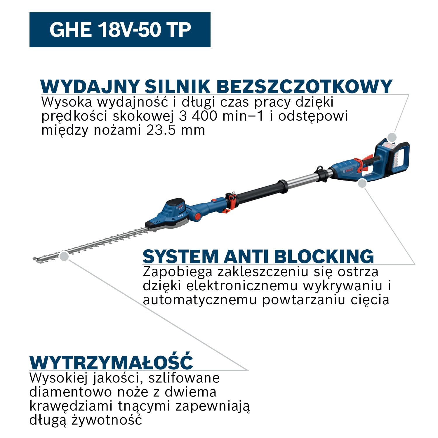 Bosch Professional 18V System Teleskopowe nożyce GHE 18V-50 TP (drążek teleskopowy 2,5 m, 3 400 skoków na minutę, odstęp pomiędzy nożami 23,5 mm, pas naramienny, bez akumulatora)