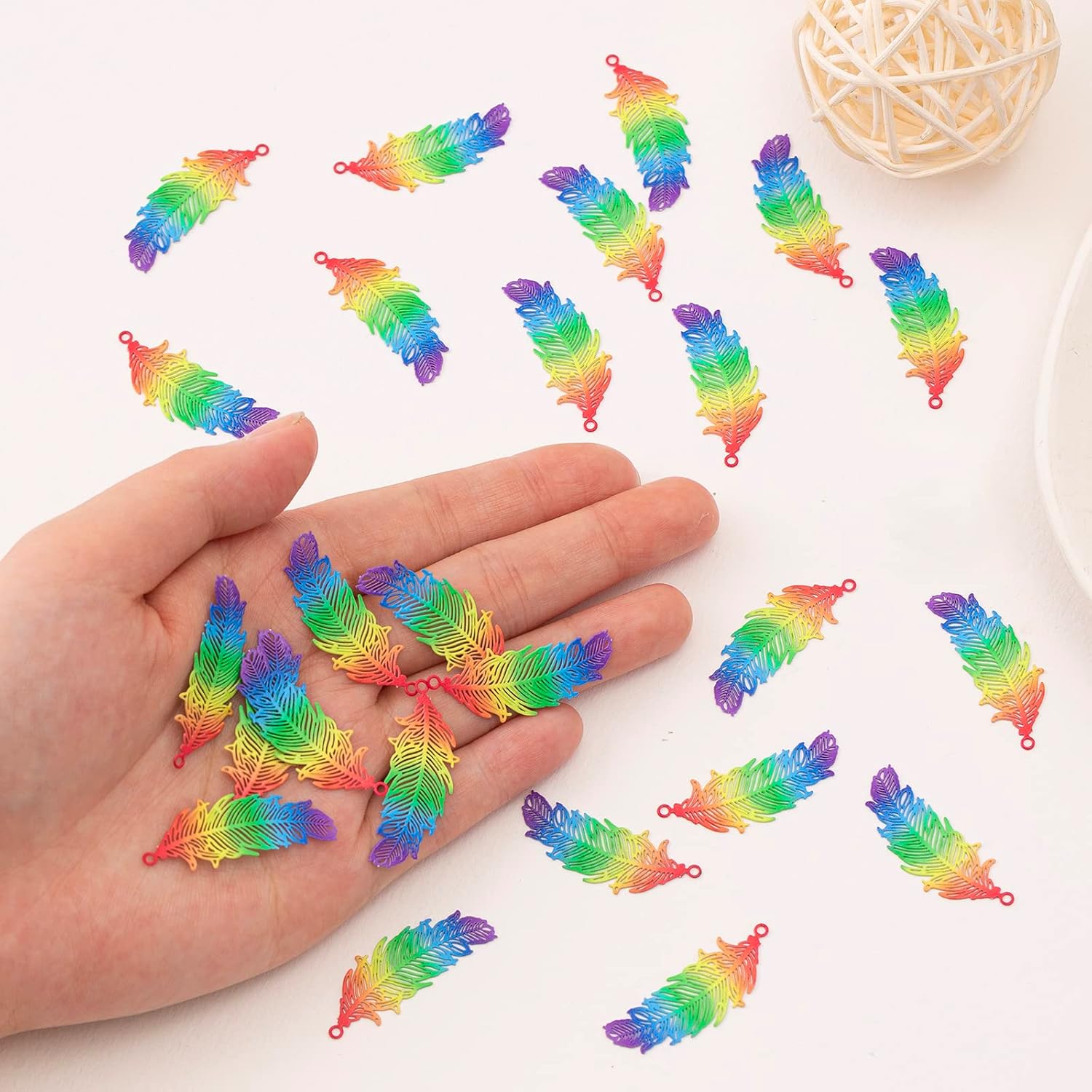 Multicolor Filigree Feather Charms Hollow Color Painted Plume Pendant for DIY Earrings Necklaces Jewelry Making Accessories Bookmark Components Hanging Embellishments - Image 3