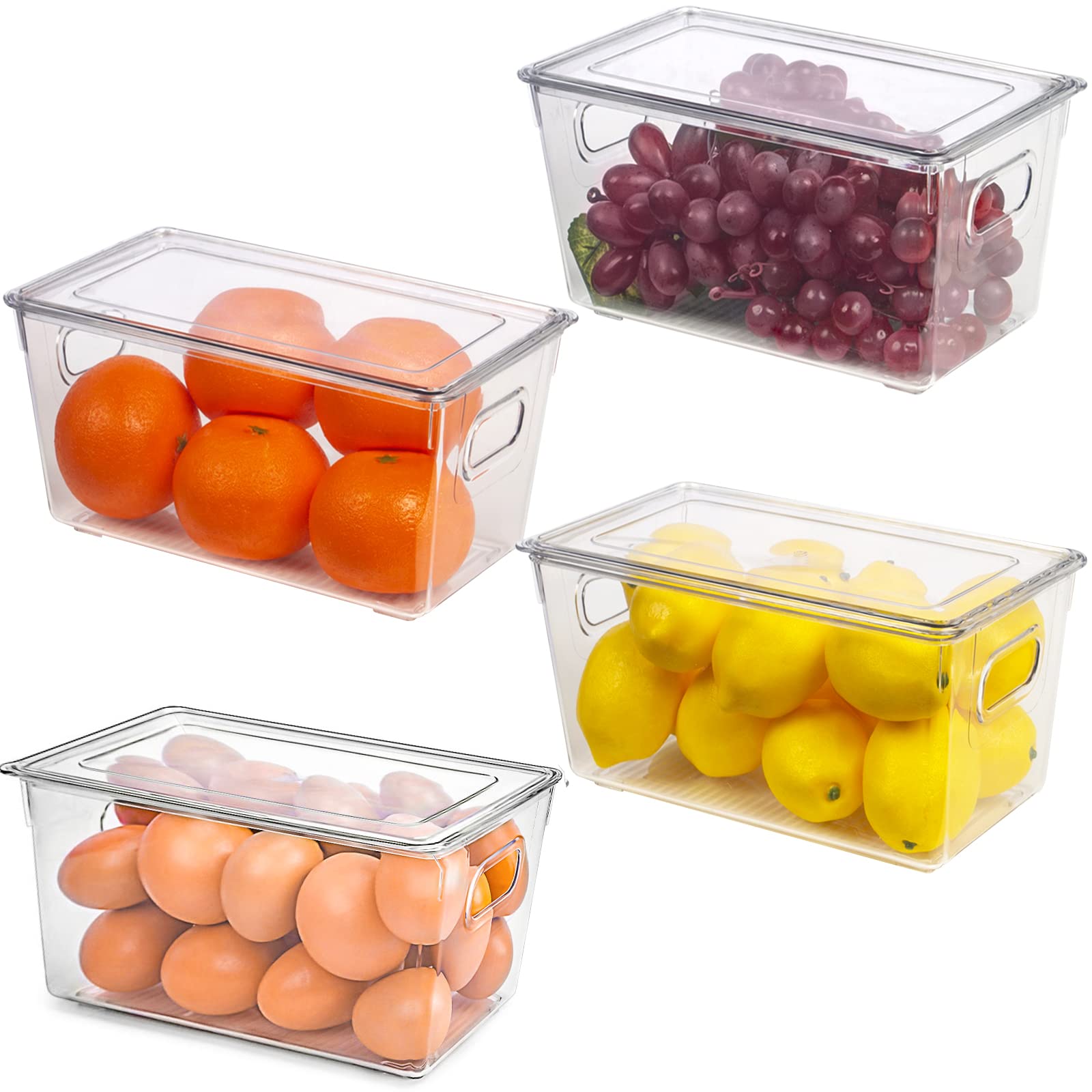 HANSGORefrigerator Organizer Bins with Lid, 4PCS Stackable Organizer Basket Bins with Handles Clear Plastic Pantry Organizer and Storage Bins for Fridge Kitchen Bedroom Office