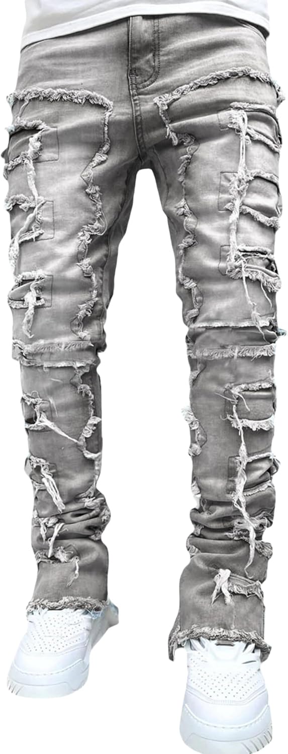 Mens Stacked Jeans Y2k Slim Fit Skinny Ripped Jeans Distressed Destroyed Denim Pants Emo Hip Hop Jeans