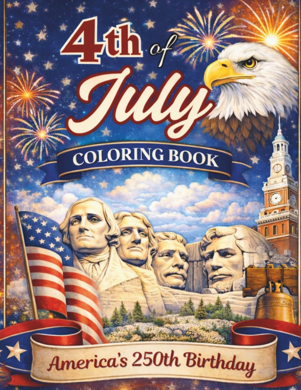 4th of July Coloring Book for Kids and Adults: America’s 250th Birthday Patriotic Coloring Book with U.S. Symbols, Landmarks, National Parks, and Independence Day Celebrations