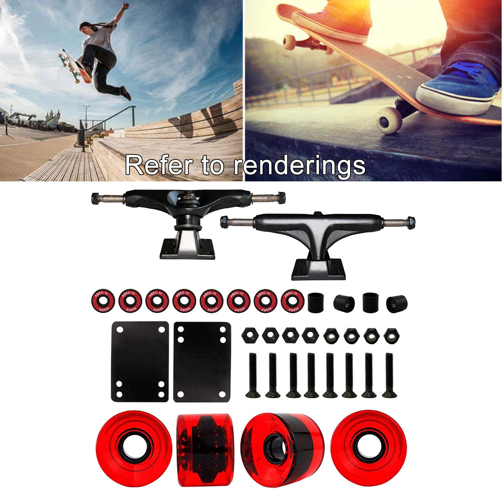 SM SunniMix 5" Skateboard Achsen, Skateboard Rollen mit Lager 51mm, Skateboard, Skateboard Riser Pads, Skateboard Hardware Set, klar rot