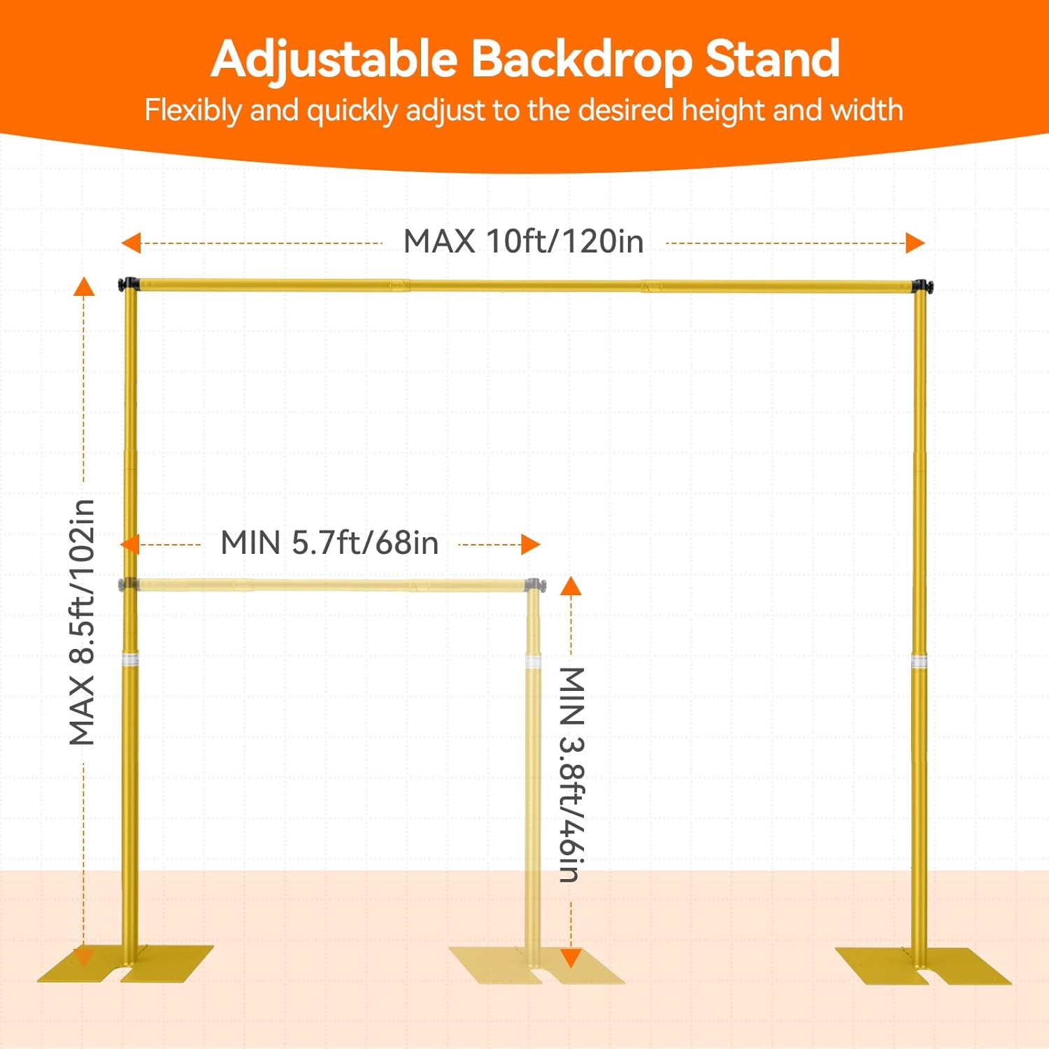 Heavy Duty Backdrop Stand, 8.5ft x 10ft Pipe and Drape Backdrop Stand Kit with Metal Flat Base, Adjustable Background Support System for Wedding Party Birthday Photoshoot Decoration - Gold